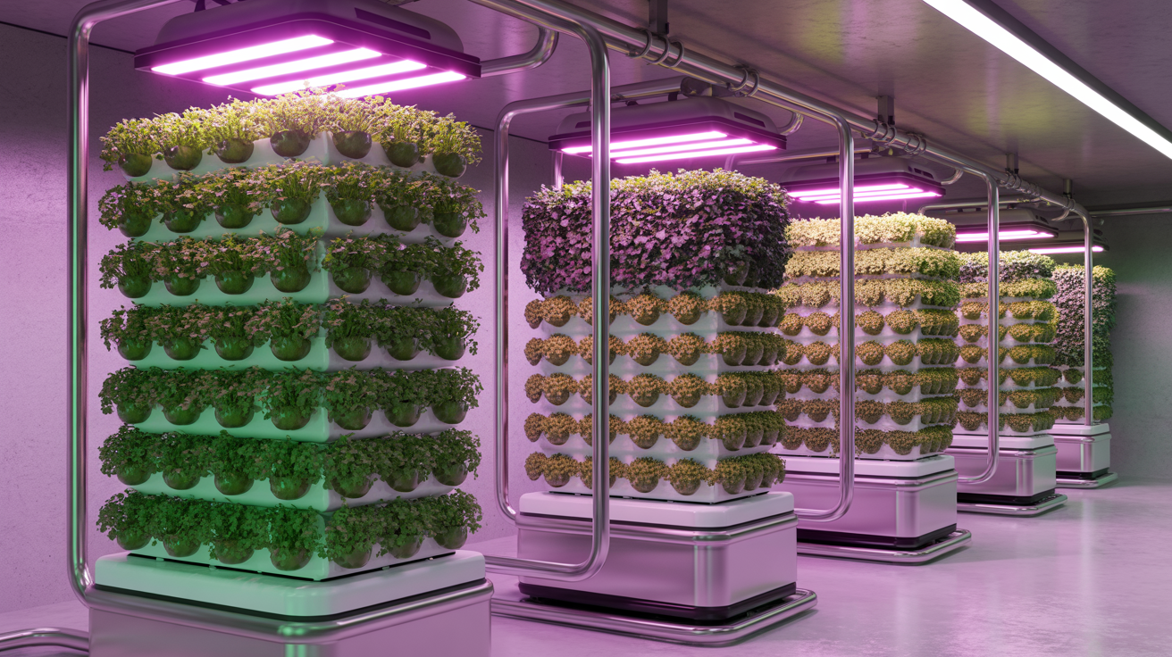 Hydroponic food production room with vertical growing towers