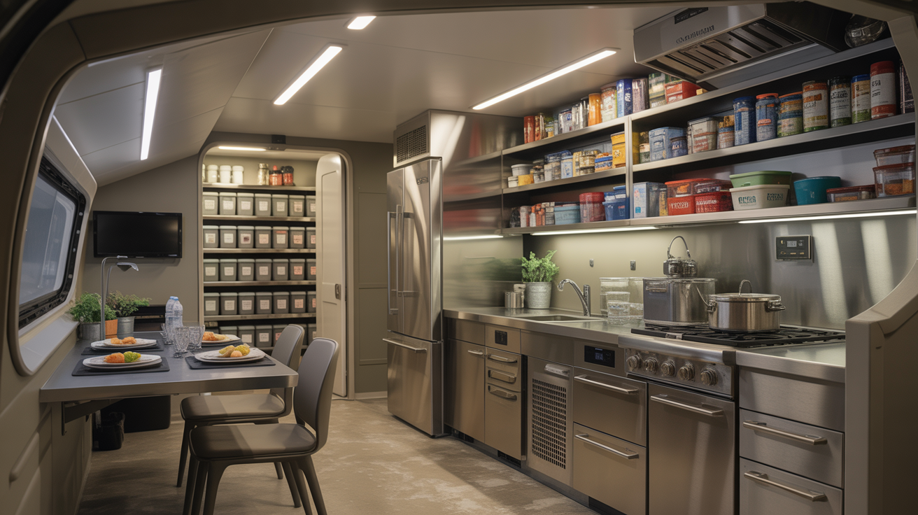 Modern bunker kitchen with food storage and appliances