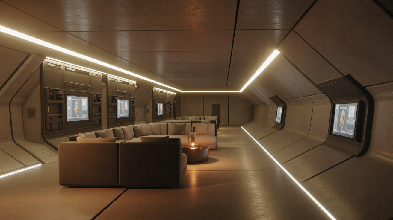 Luxury bunker living area with modern furnishings and LED lighting